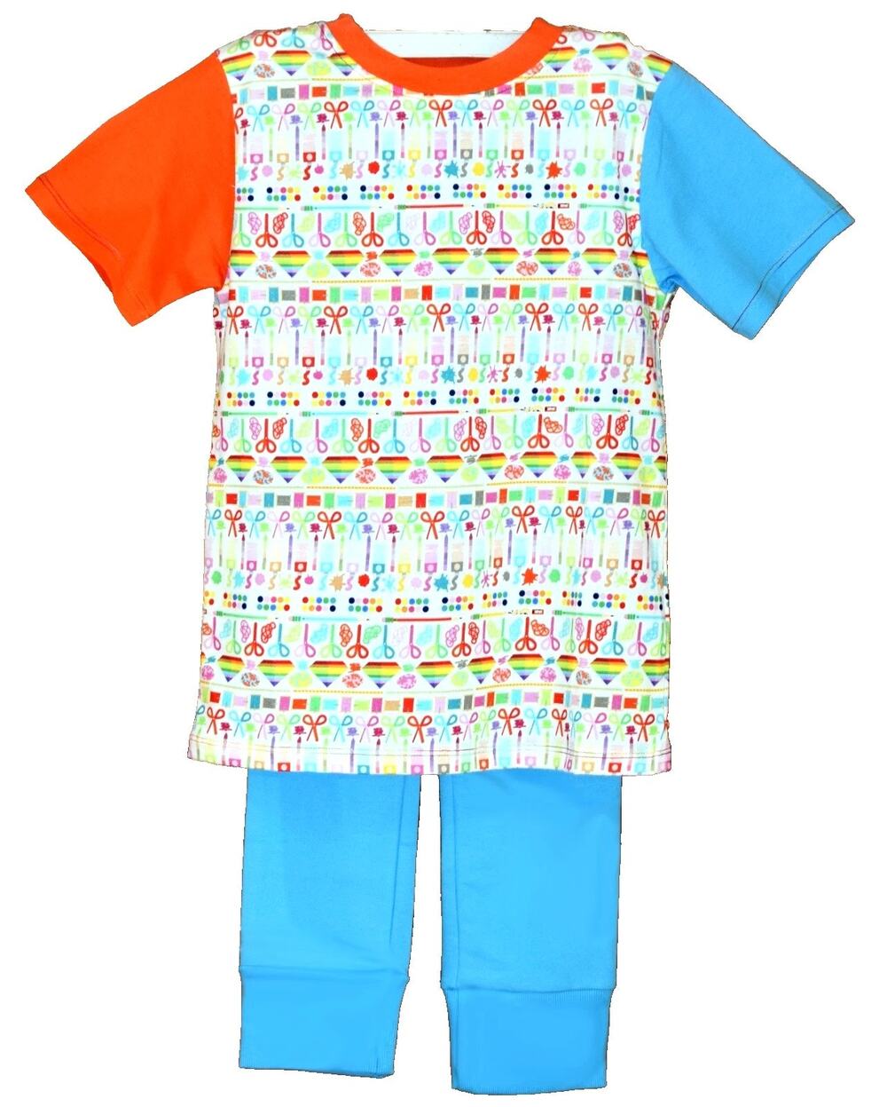 Kid Made Girls 2-Piece Top and Pants Set Blue Orange Organic Cotton Size 6-7